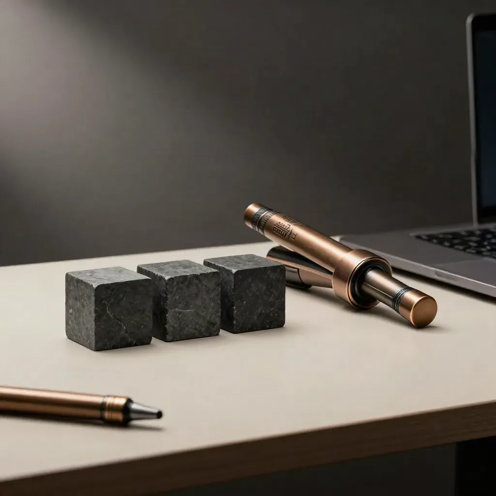 Closed laptop, bronze weighted markers and three aligned model cubes on a dark portfolio control desk.