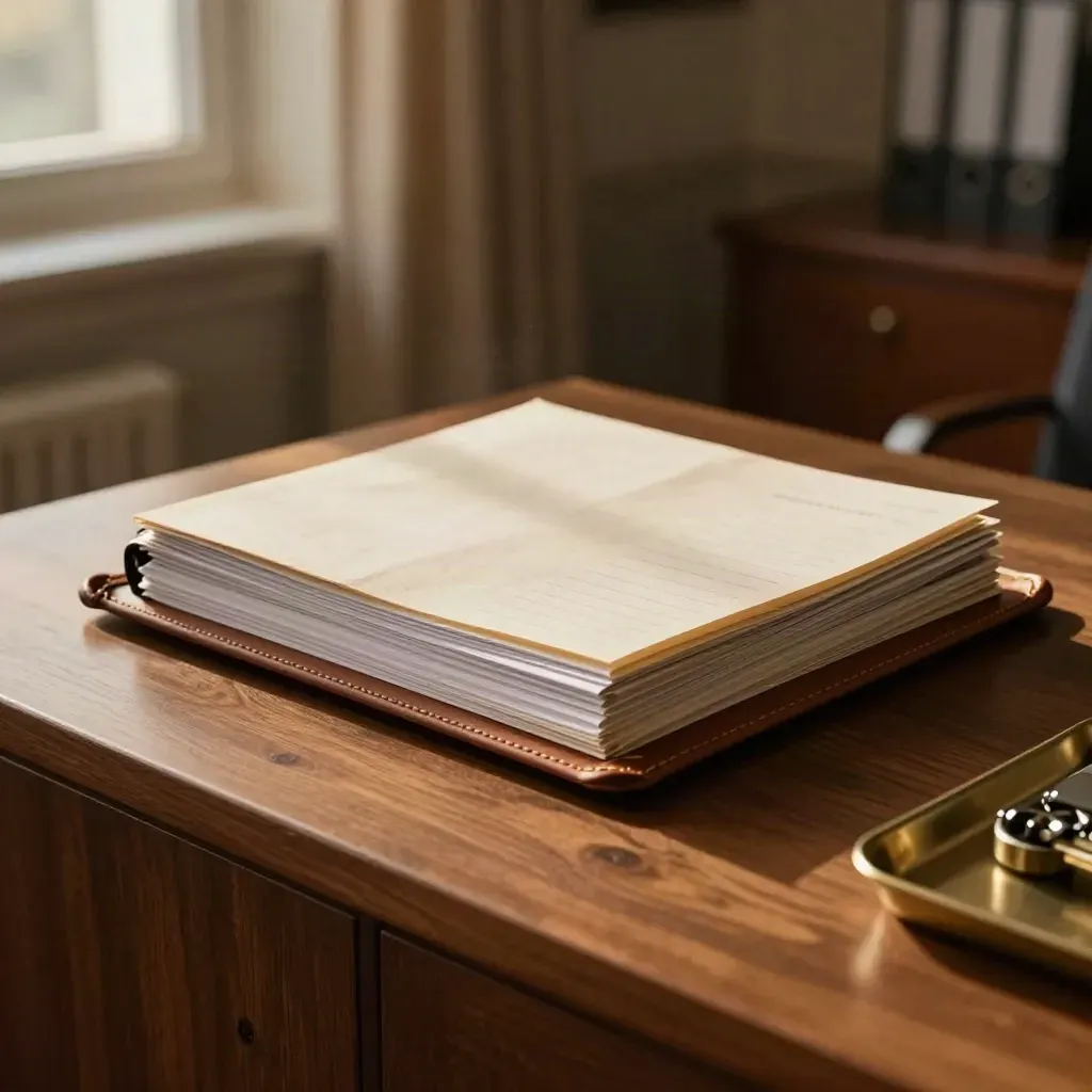 Closed reporting folio and brass tray by a window, ready for month-end delivery.