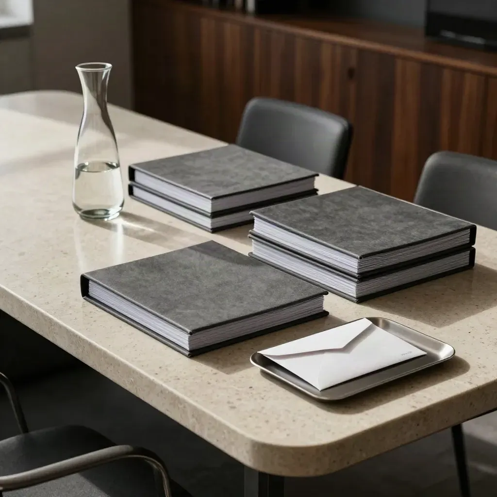 Top-down boardroom side table with report binders, glass carafe, and sealed correspondence.