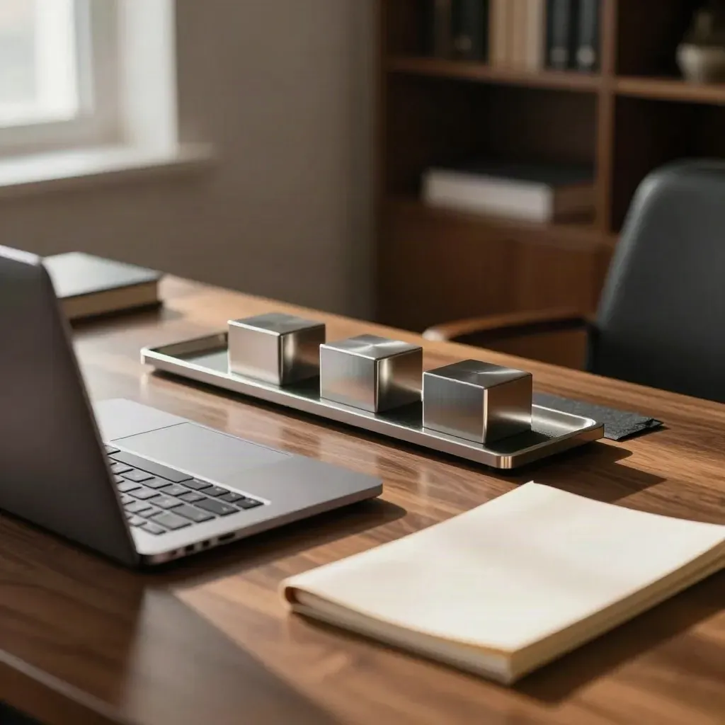 Closed laptop, steel weight blocks and metal tray on a walnut finance desk in soft morning light.