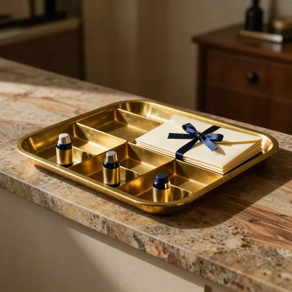 Brass treasury tray with three markers and sealed envelopes in warm window light.