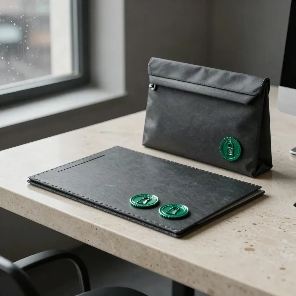 Travertine table with a fund launch folder, courier pouch and three seal markers by rain-lit window