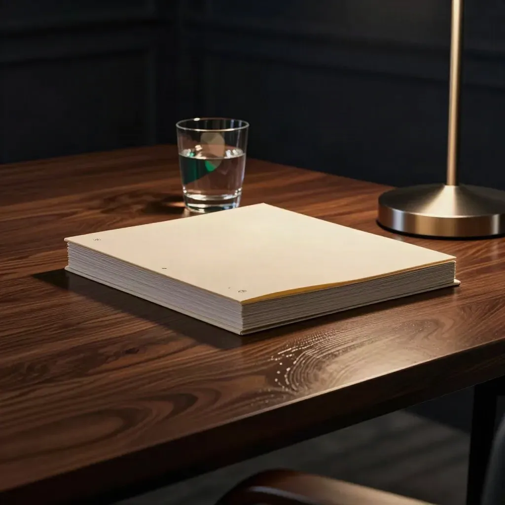 Dim boardroom side table with folder stack, water glass and glowing lamp base