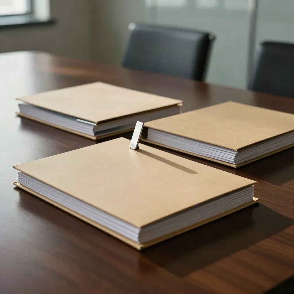 Boardroom folders shifted around a silver marker on a walnut table in soft daylight