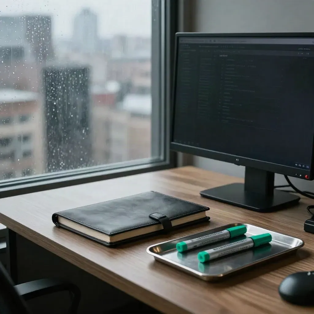 Rainy market-monitoring desk with closed notebook, dark screen and emerald markers by a window