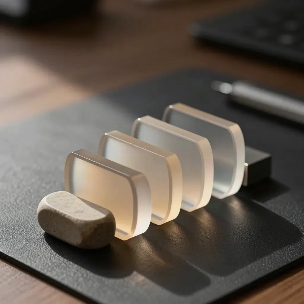 Three clear risk bands with a stone weight on a dark desk mat in sharp side light.