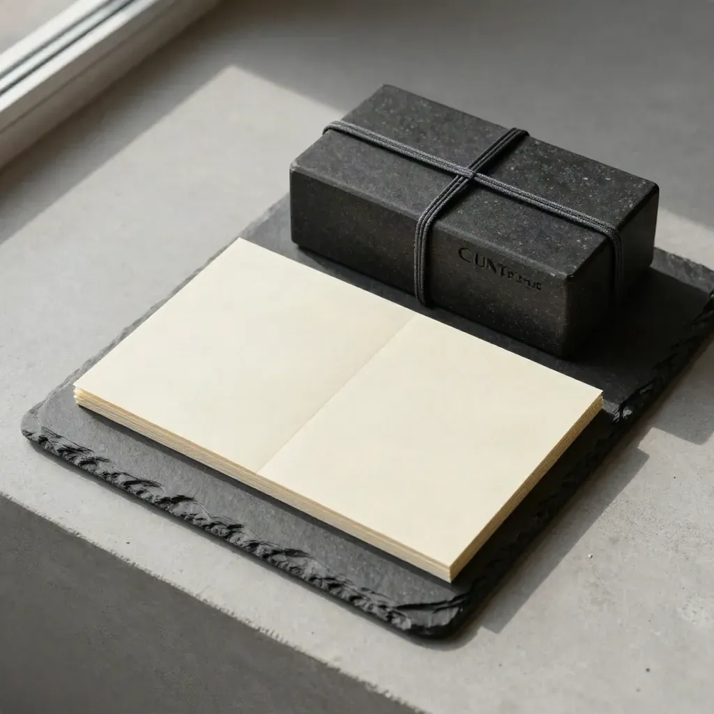 Overhead finance flatlay with a stone paperweight, elastic band, and folded note cards on pale concrete.