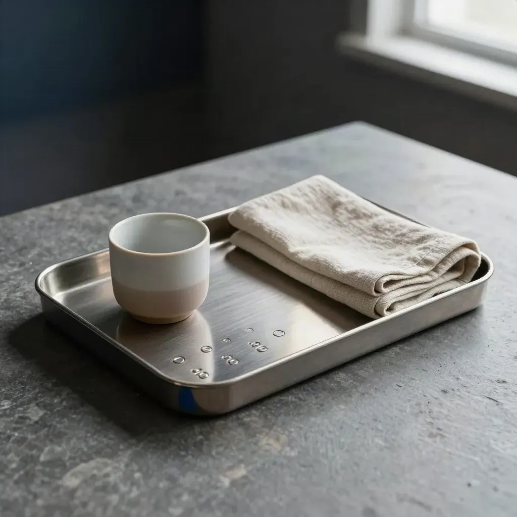 Steel cash tray with coin markers, ceramic cup and folded linen on stone under soft morning light.
