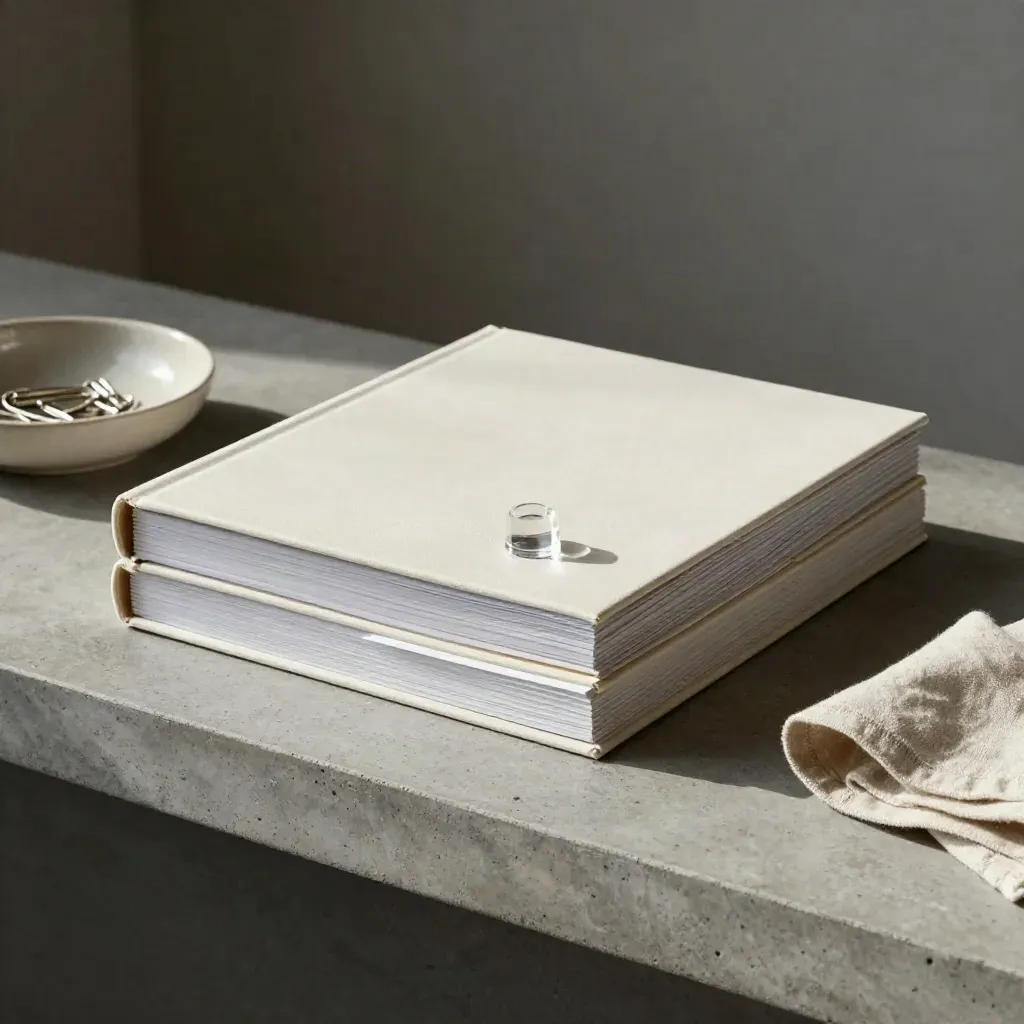 Off-white investor report binders, acrylic weight and ceramic bowl on a stone shelf.
