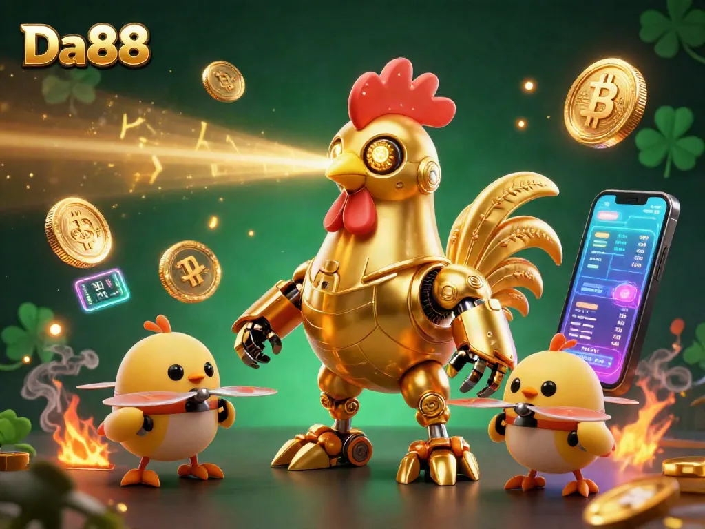 Experience the thrill of winning at Da88 with golden rooster robots and vibrant casino elements.