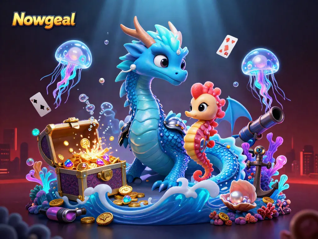 Win big with Nowgoal's vibrant underwater scene featuring a dragon and knight in a casino-themed setting