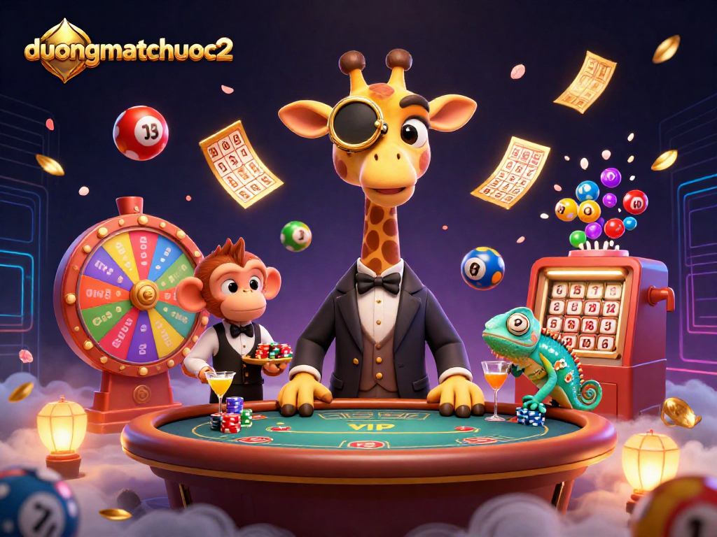 Experience the thrill of duongmatchuoc2 with vibrant characters and dynamic gambling elements in an action-packed illustration.