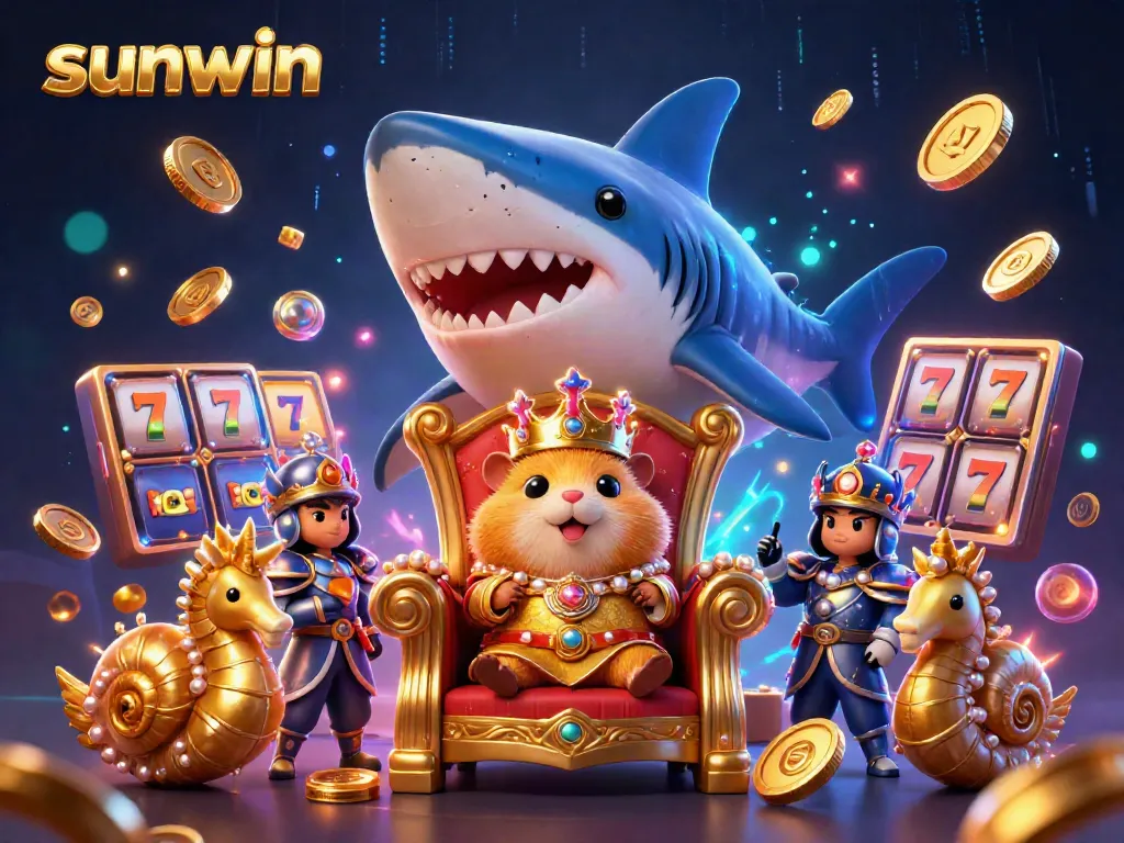 Experience sunwin's thrilling casino kingdom with a golden hamster king throne, dynamic slot reels, and vibrant coin action.