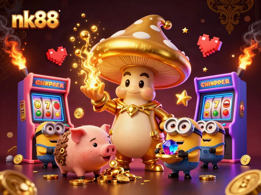 Experience online gaming excitement with nk88's golden wizard amidst vibrant casino treasures.