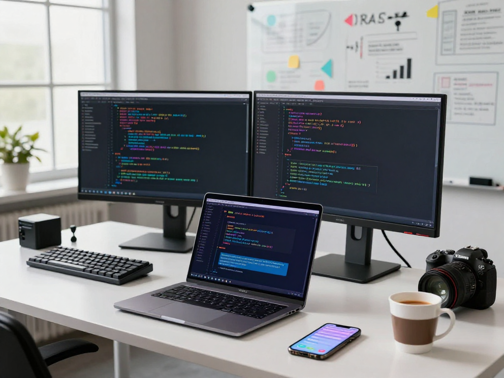 Engaging NSFW AI chat in a tech workspace with dual monitors and vibrant coding elements.