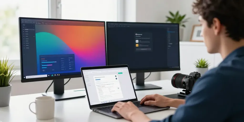 Content creator utilizing instant indexing tools in a modern workspace.