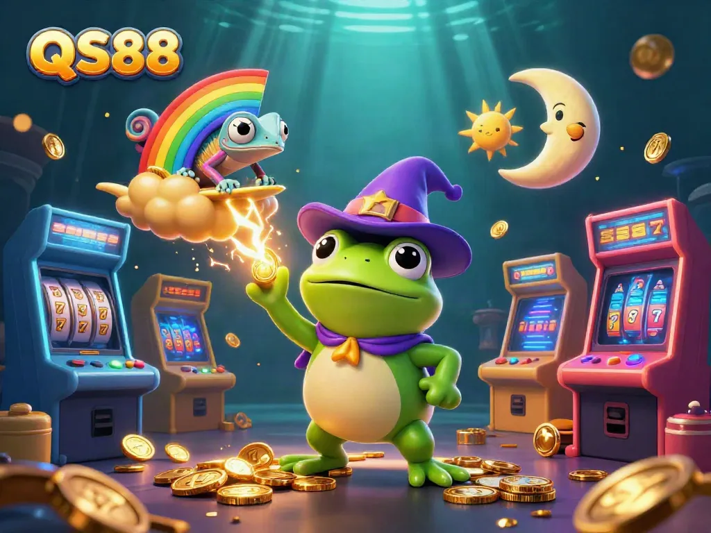 Engage with QS88's fantasy world of riches, featuring a wizard frog, chameleon, and casino games.