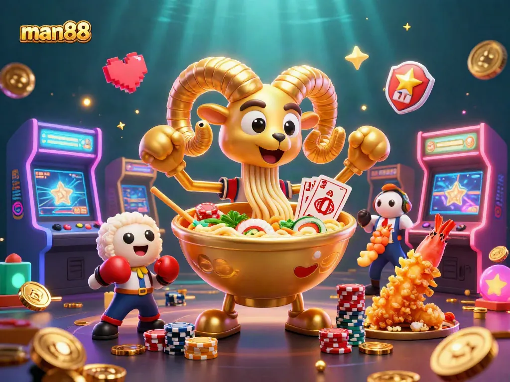 Experience man88 with vibrant golden ramen and casino characters amid glowing game elements.