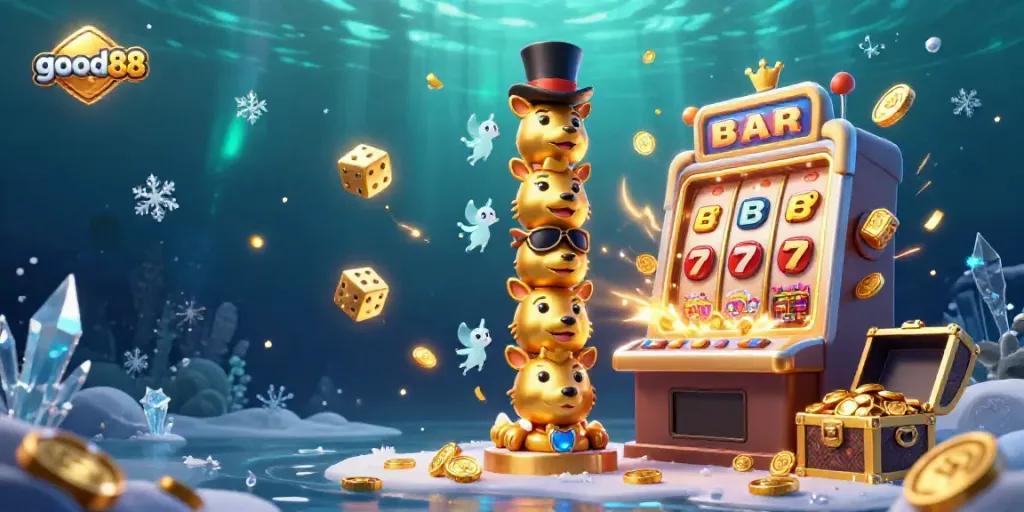 Experience the thrilling atmosphere of good88 casino with vibrant game elements and a magical totem illustration.