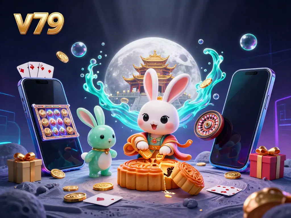 Experience the thrill of v79 with a vibrant casino scene featuring a moon rabbit revealing poker chips.
