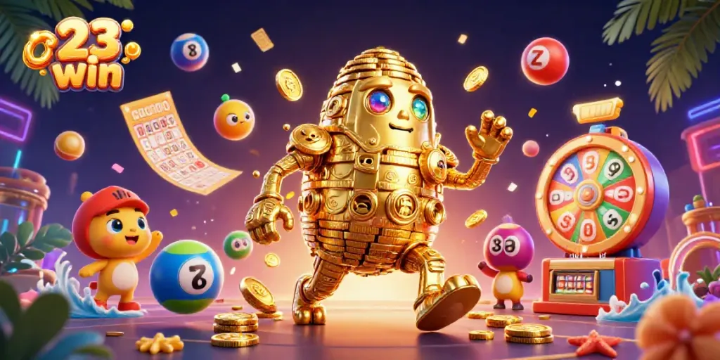 Engage with the excitement of 23 win through a vibrant casino scene featuring gold coins, lottery balls, and thrilling games.