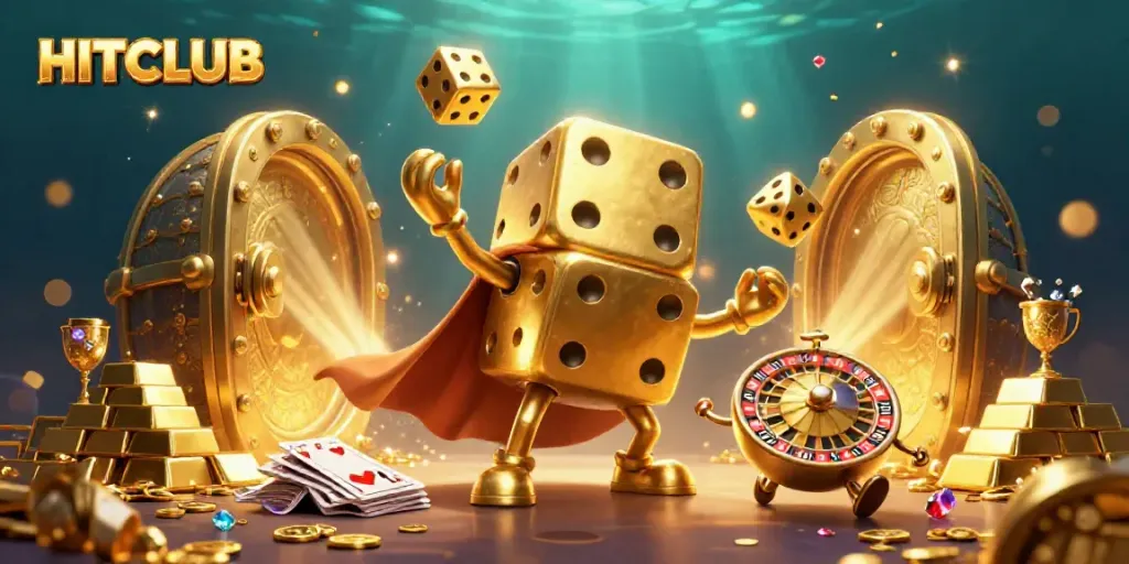 Experience HITCLUB's vibrant world through a magical 3D casino scene filled with golden treasure and animated characters.