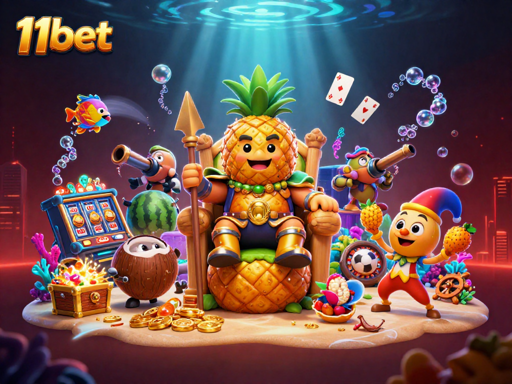 Win big at 11bet with a vibrant 3D casino scene featuring a golden pineapple king, games, and treasures.