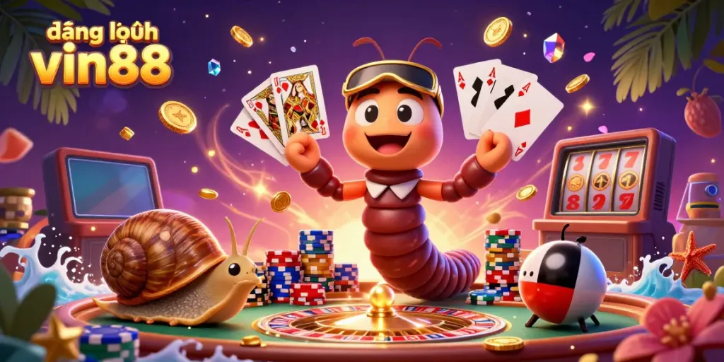 Engage in thrilling moments with đăng nhập vin88, featuring vibrant 3D casino elements and characters celebrating winning.