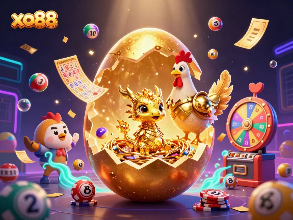 Experience thrilling play at xo88 with a dazzling dragon amidst vibrant gaming elements and rich gold.