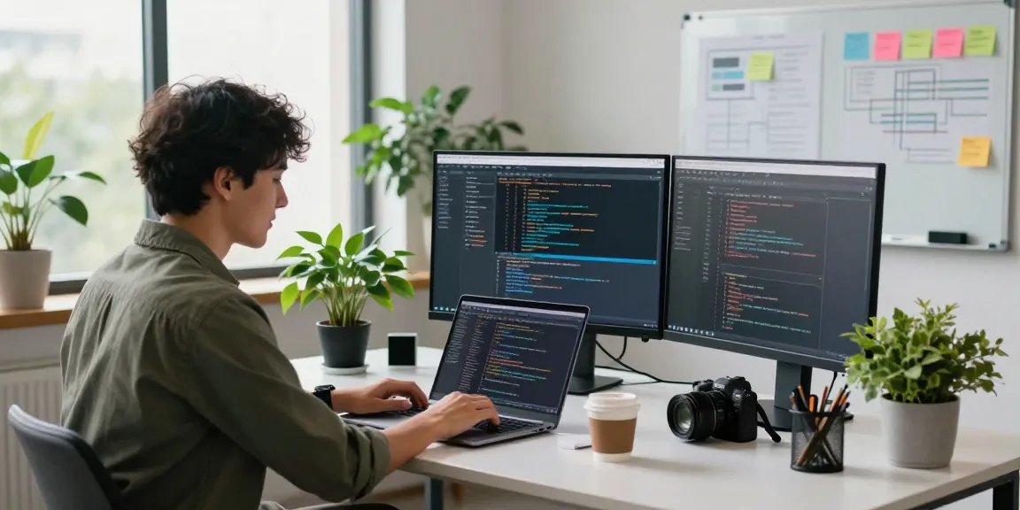 Build internal tools with AI in a collaborative workspace showcasing a developer coding with modern tech tools and greenery.
