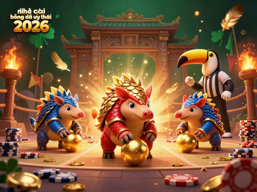 Engaging scene showcasing two rival pangolins in armored suits rolling golden balls and poker chips, representing nhà cái bóng đá uy tín 2026.