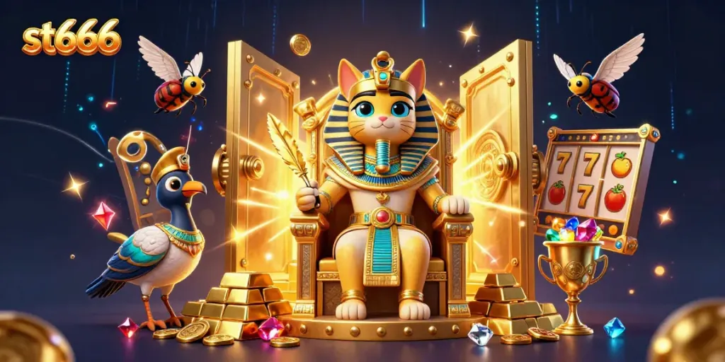 Experience excitement with st666's vibrant 3D casino illustration showcasing dynamic game elements and rich treasures.