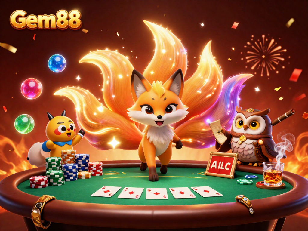 Play big at Gem88 with vibrant casino elements featuring a charming nine-tailed fox and wise owl.