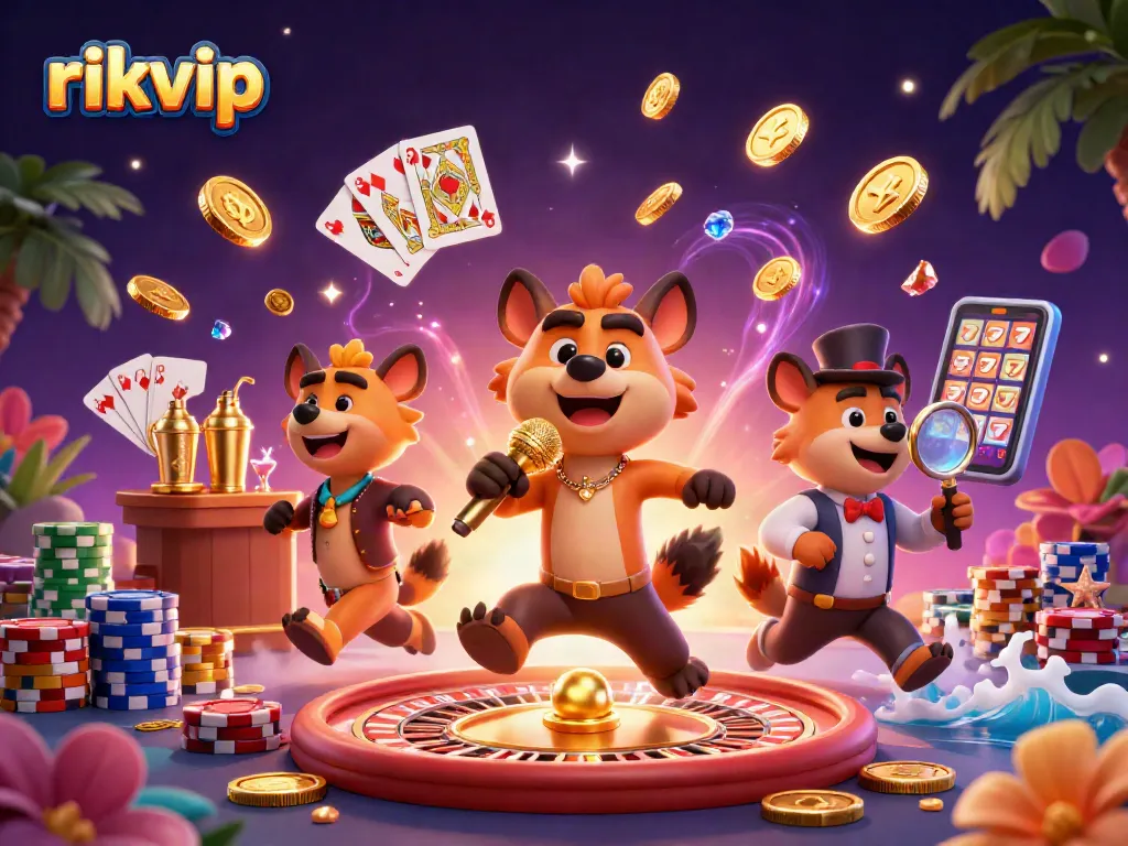 Experience the vibrant fun of rikvip with hyenas running a comedy casino, gems, and coins.