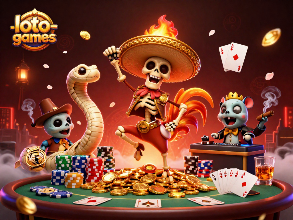 Loto-games illustrated with a lively cartoon scene featuring a mariachi rooster, a mummy snake, and a DJ hamster celebrating amidst poker elements.
