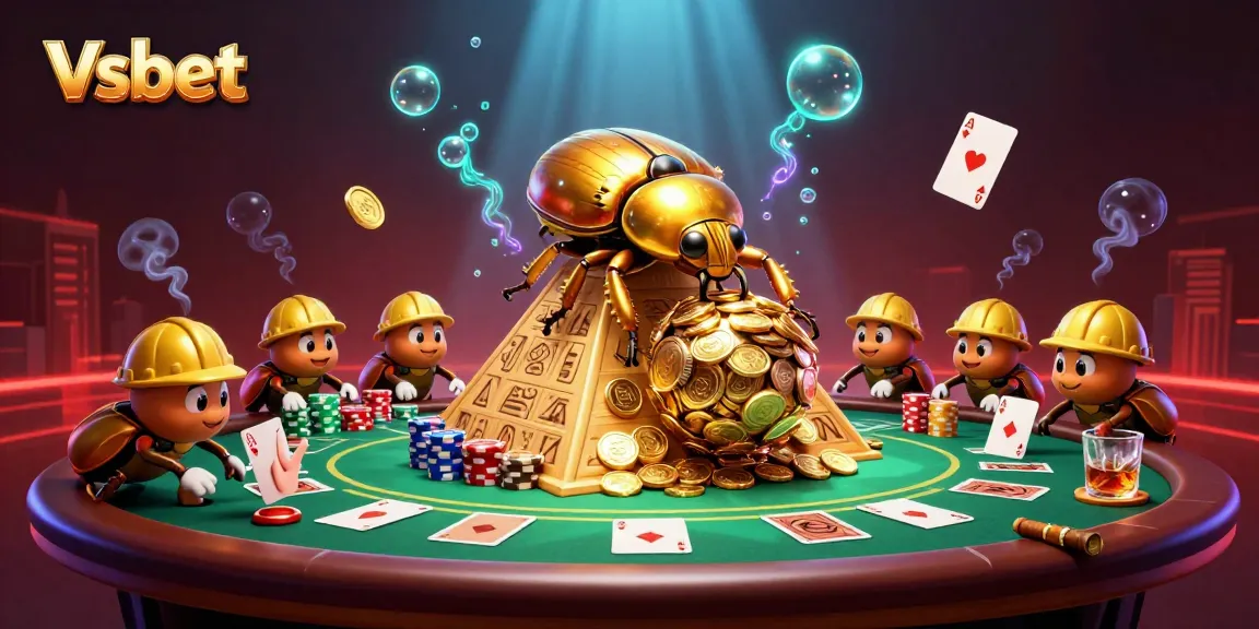 Engage in thrilling gameplay at Vsbet, featuring a golden dung beetle amidst vibrant casino elements.