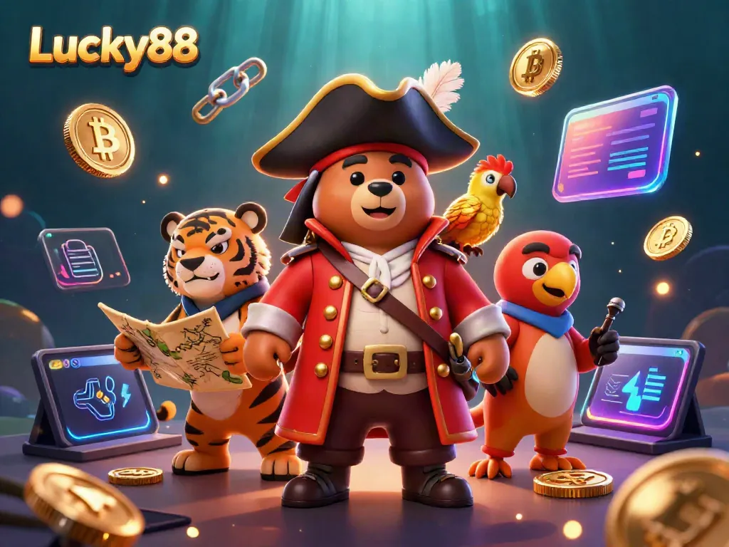 Engage with the vibrant Lucky88 treasure hunt scene featuring a bear pirate, tiger, and golden coins.