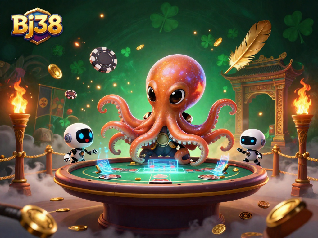 Bj38 showcases an engaging alien octopus playing poker with dynamic 3D effects and playful casino elements.