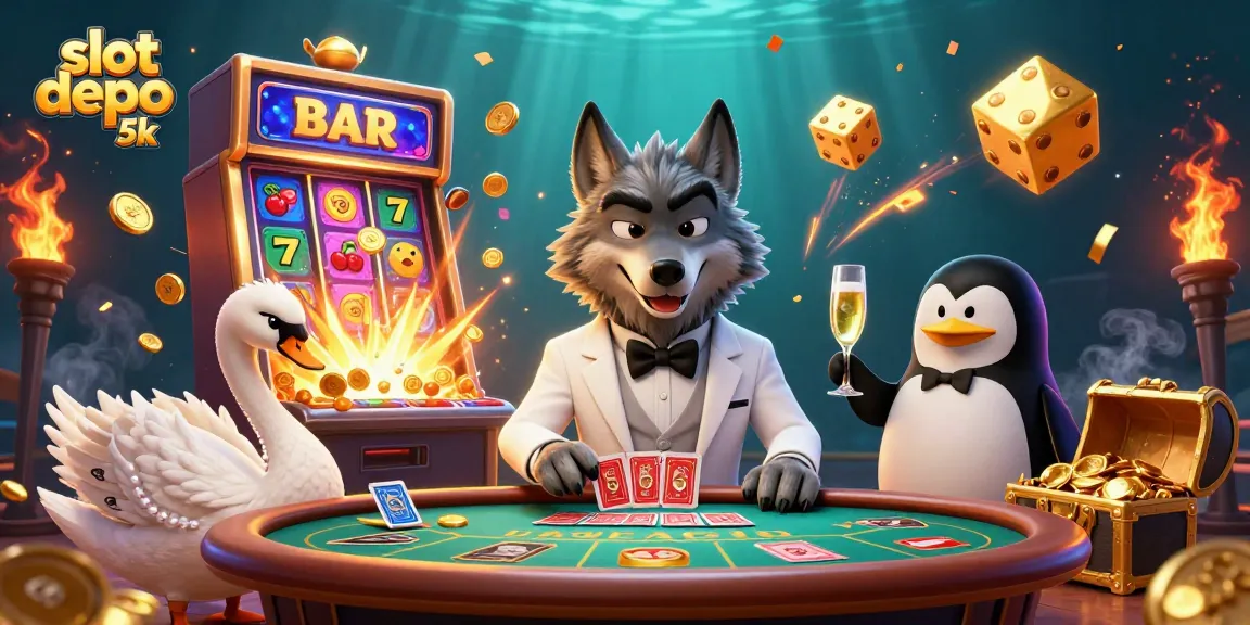 Experience thrilling gameplay with slot depo 5k in a vibrant casino scene illustrated by animated characters.