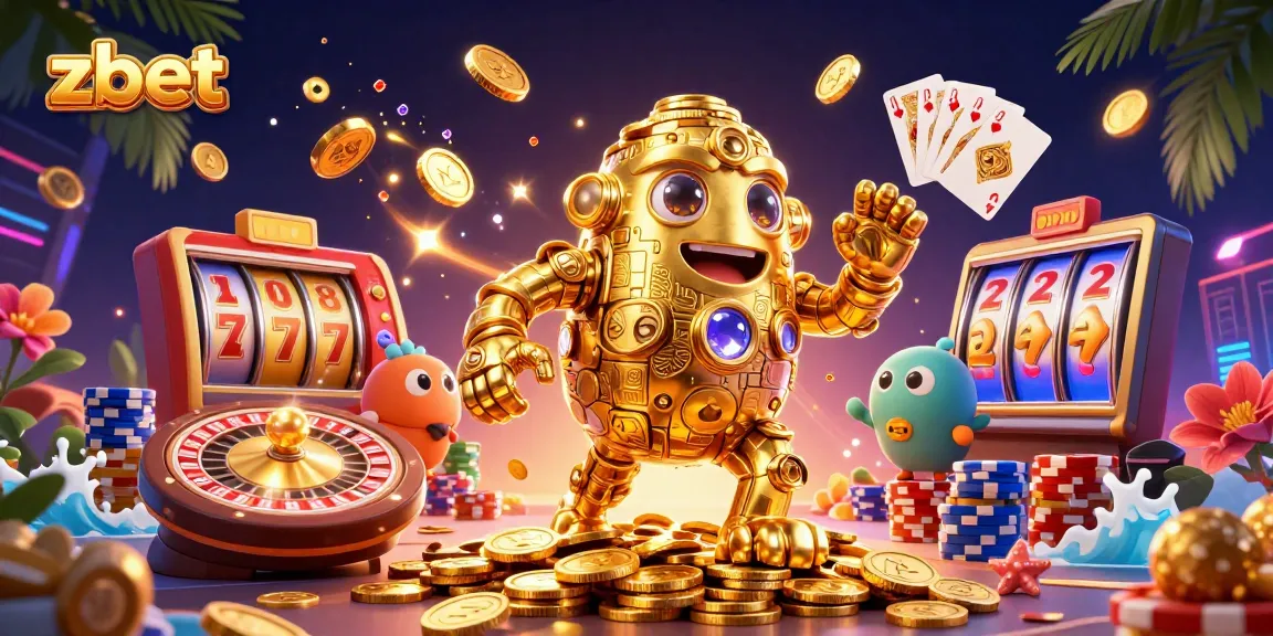 Zbet showcases thrilling casino action with a golden golem, coins, and slot symbols.