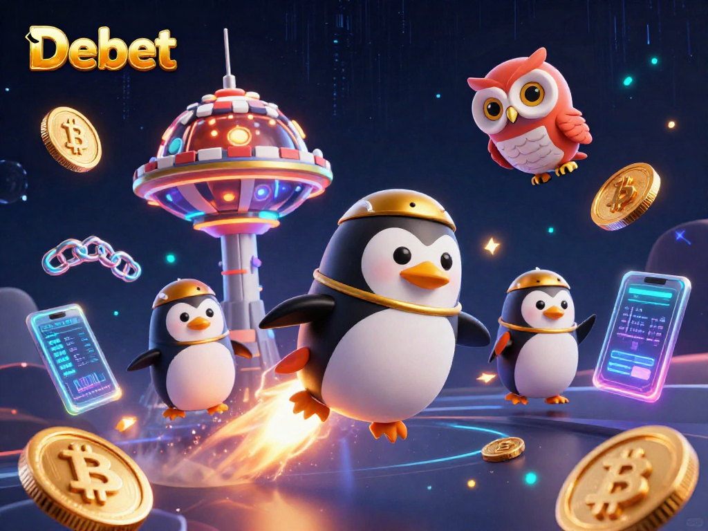 Debet offers players a golden penguin blasting through a space casino, showcasing vibrant crypto elements.