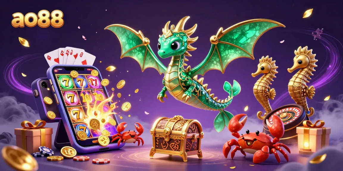Win jackpots at ao88 with a vibrant sea dragon and gaming treasures, enhancing your casino excitement.