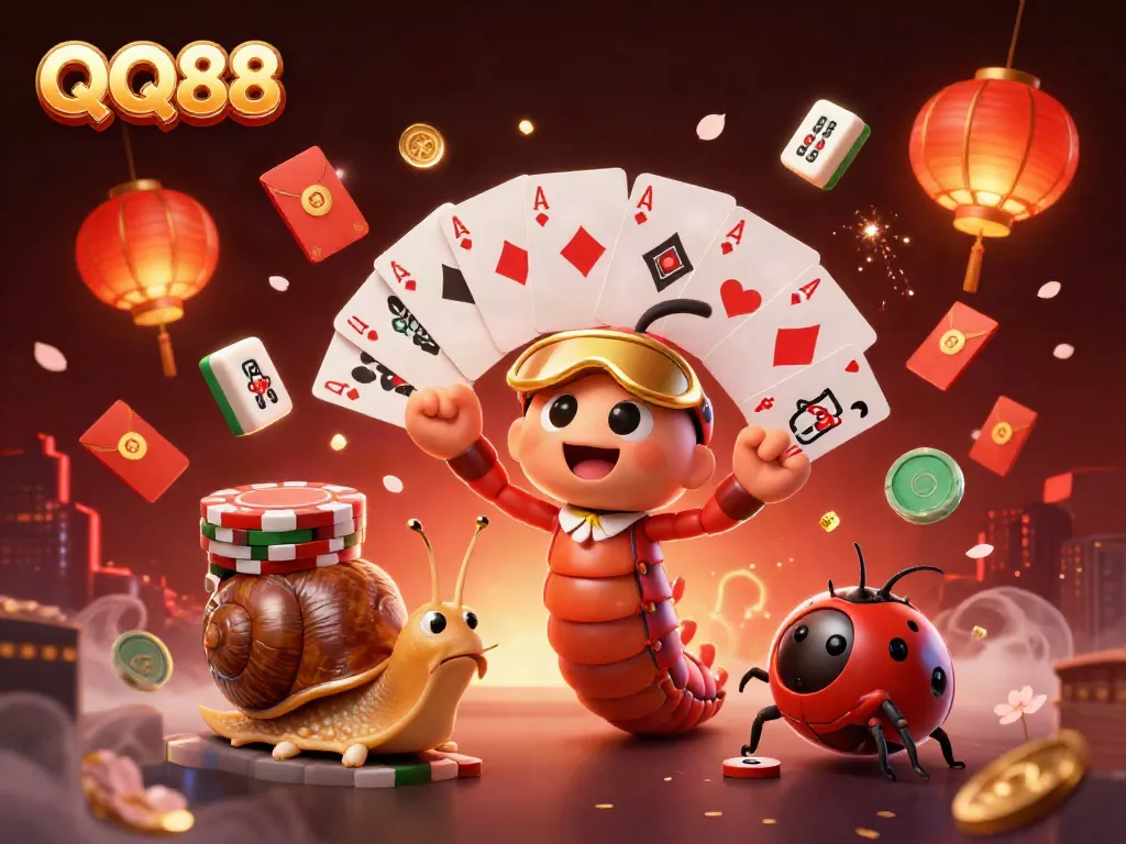 Experience the excitement of QQ88 with a vibrant 3D portrayal of a cartoon millipede dealer and high-roller characters.