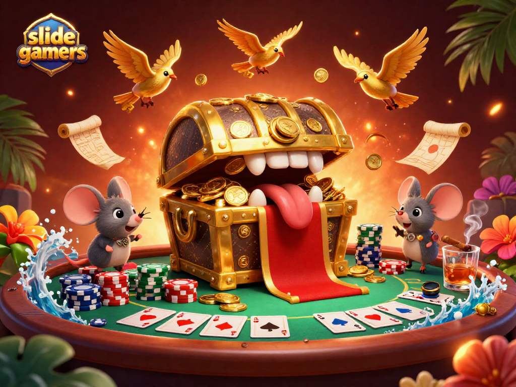 Engage with slidegamers as adventurer mice approach a golden treasure chest amidst dynamic casino elements.