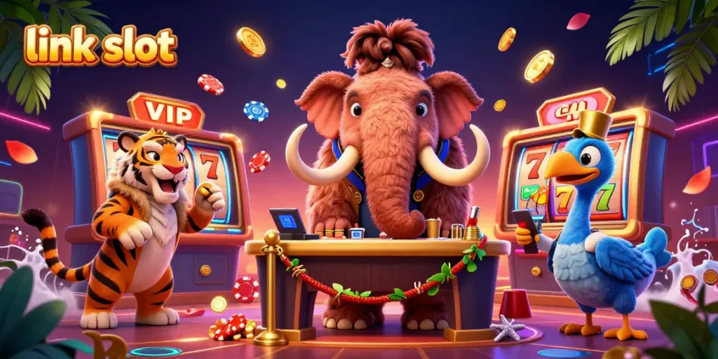 Experience the thrill of link slot machines in a vibrant 3D casino scene with dynamic game elements.