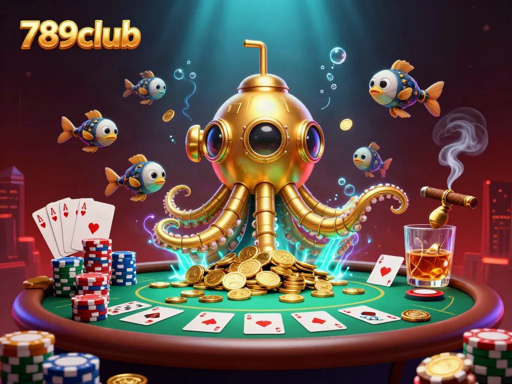 Experience thrilling poker action with 789club's golden kraken submarine in an immersive casino setting.