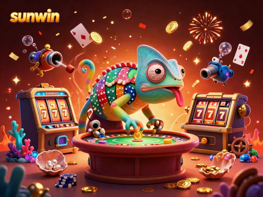 Experience thrilling gaming excitement at sunwin with a vibrant 3D casino illustration showcasing dynamic elements