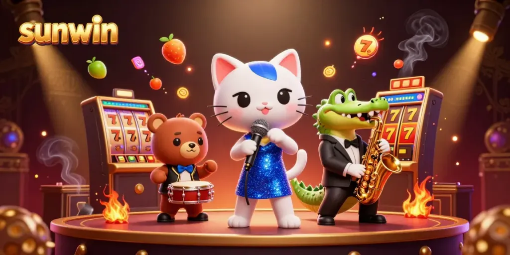 Engaging scene of sunwin showcasing vibrant cartoon characters performing on a casino stage.
