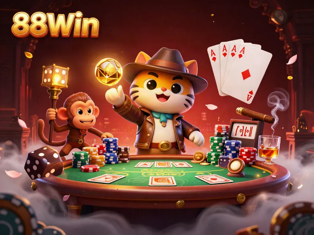 Explore the vibrant world of 88Win as a cat archaeologist discovers casino treasures and poker elements.