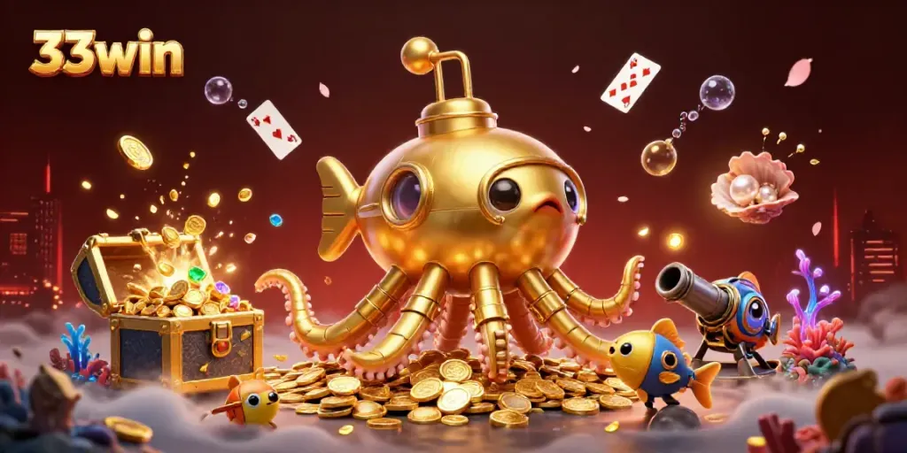 Dive into winning chances at 33win, featuring a vibrant kraken submarine and treasure-laden ocean.